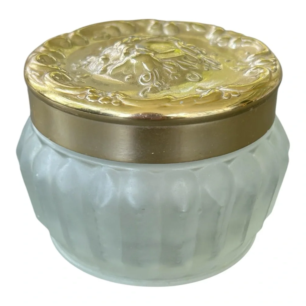 VTG Estee Lauder Re-Nutriv Face Powder Jar Empty Frosted Glass Gold Tone Lid
